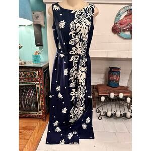 VINTAGE 1970's UNWORN  MALIHINI NAVY HAWAIIAN MAXIDRESS W/ POCKETS & BELT